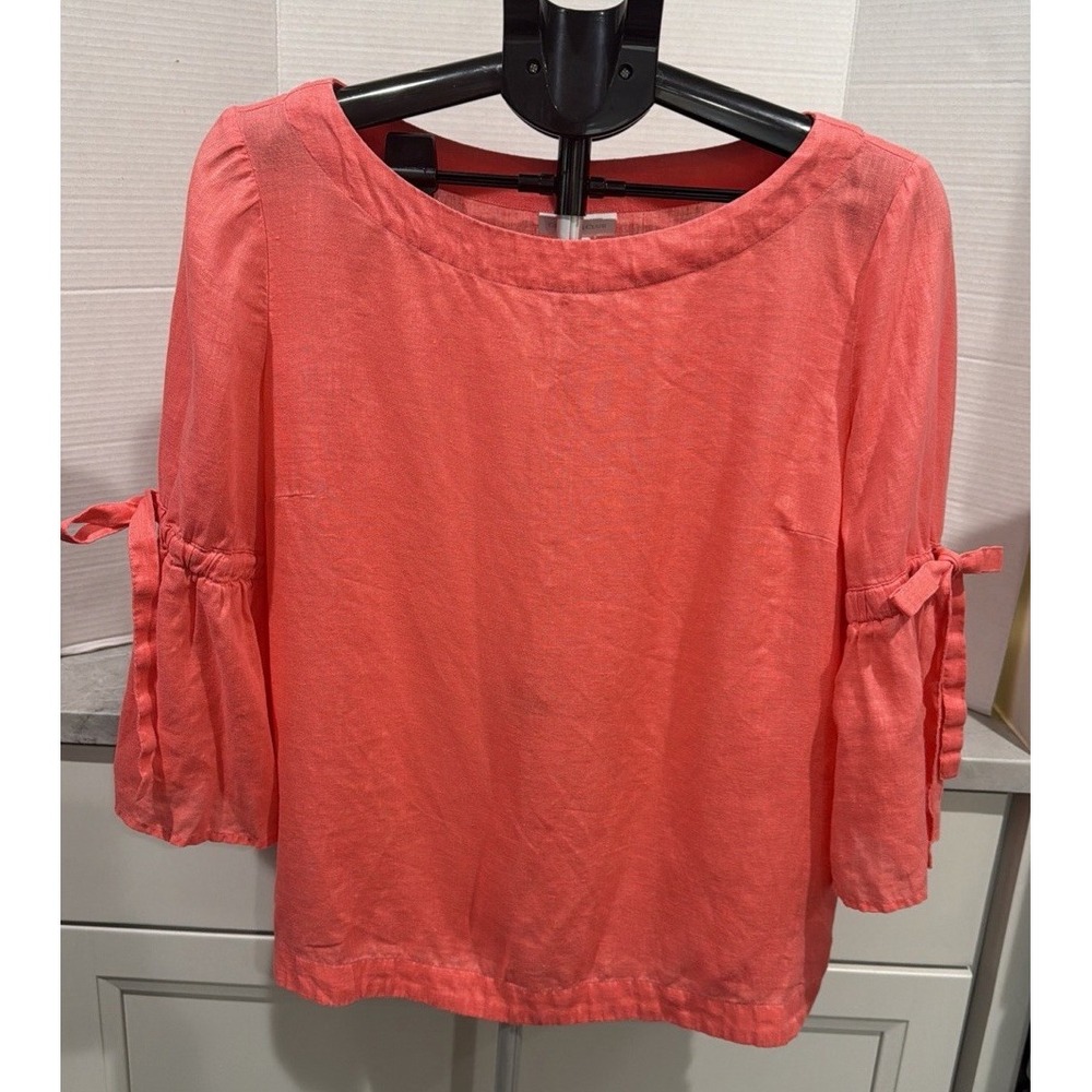 Charter Club Blouse Women's M Coral 100% Linen Bell Sleeve Tie Detail Boho Top